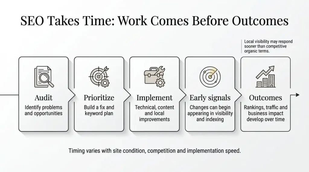 Flowchart diagram showing the 5-stage timeline of affordable SEO organic service: Audit, Prioritize, Implement, Early signals, and Outcomes.