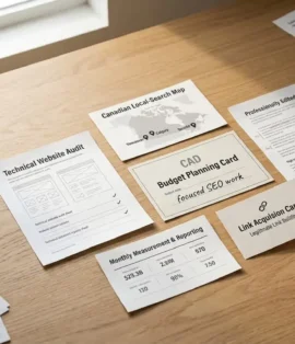 Physical cards on a desk illustrating affordable SEO services in Canada including technical audit, local search map, and monthly reporting.