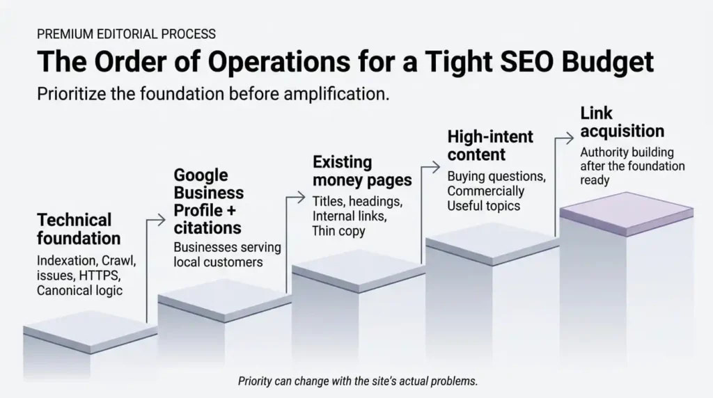 Stepped diagram showing the 5-step order of operations for affordable SEO services for small business.