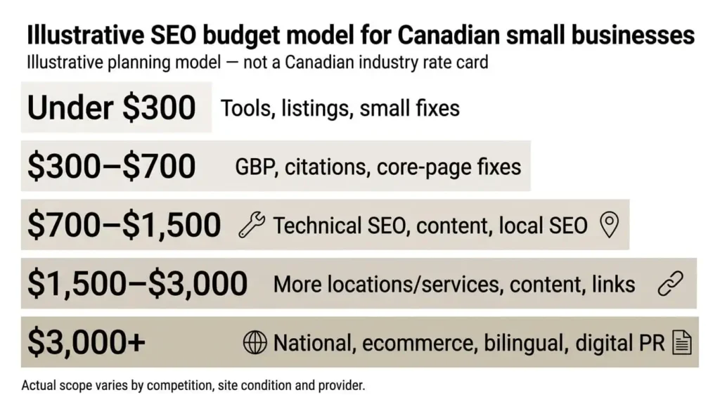 Budget infographic comparing monthly tiers for affordable SEO services in Canada from under $300 to $3,000+ CAD.