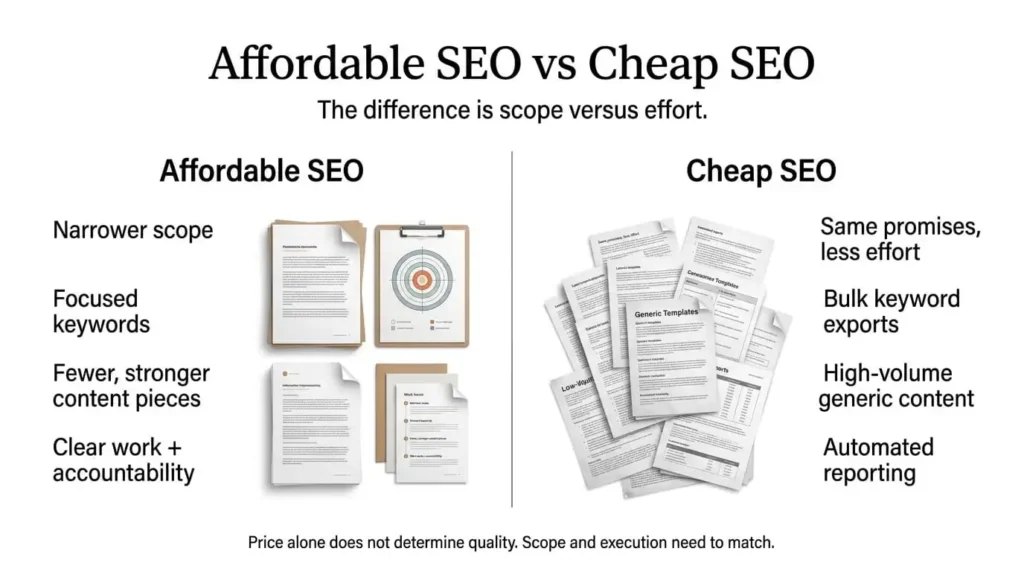 Side-by-side comparison diagram contrasting affordable SEO services with cheap SEO tactics.