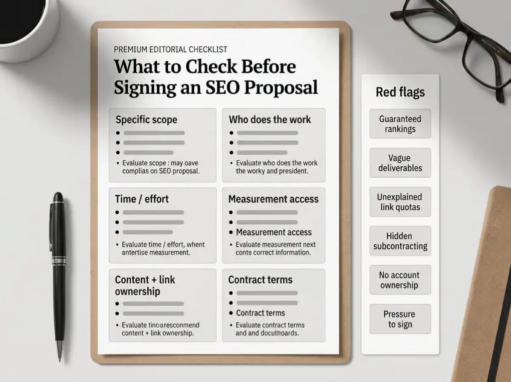 Clipboard with editorial checklist for evaluating affordable small business SEO proposals alongside red flag warnings.