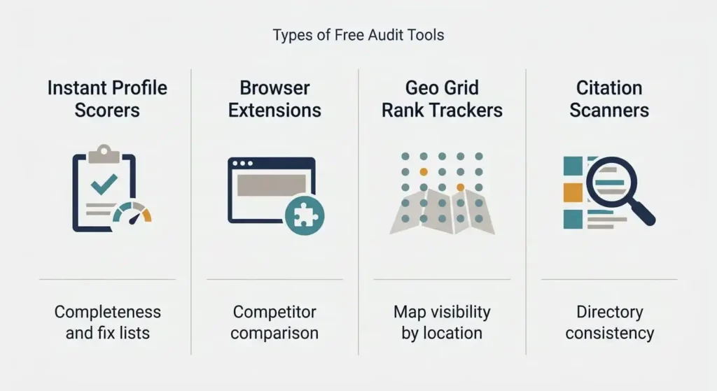 Diagram of four types of free Google Business Profile audit tools: instant scorers, browser extensions, geo-grid trackers, and citation scanners.
