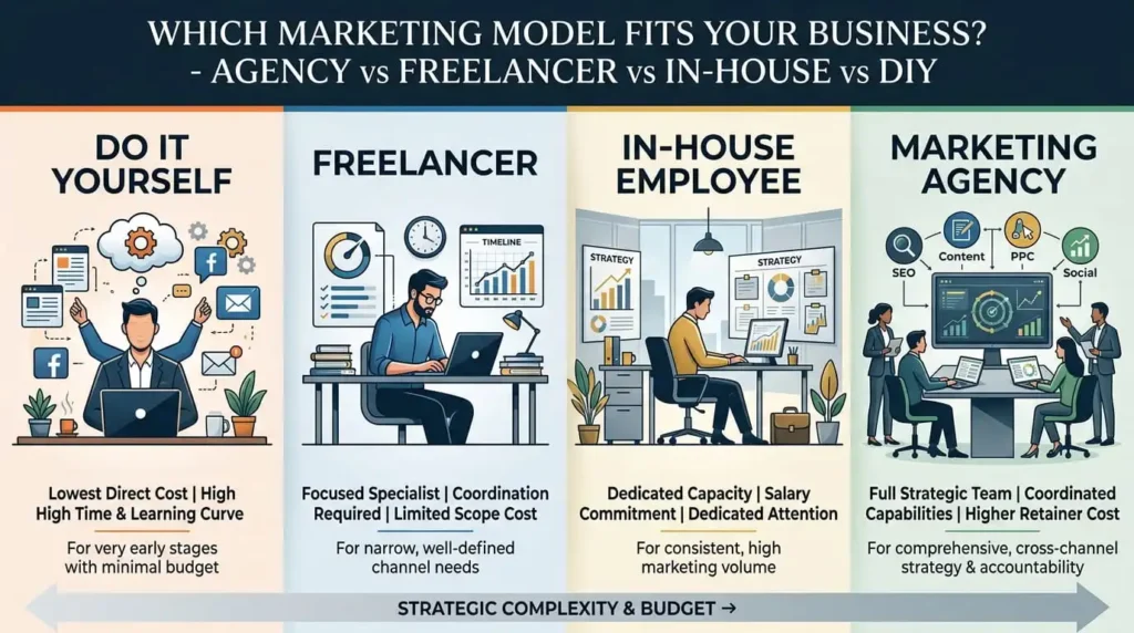 What Does a Digital Marketing Agency Do for Small Businesses? 5 Comparative breakdown showing Digital Marketing Agency vs Freelancer vs In-House vs DIY marketing models, highlighting cost, scope, and strategy tradeoffs for small business owners.