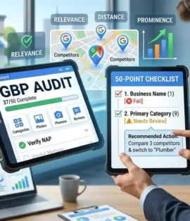 A detailed visual of a professional performing a Google Business Profile Audit, featuring tablets that show specific checklists, verification status, and analysis of Relevance, Distance, and Prominence. Includes a section with recommended actions for improved local business ranking boost.