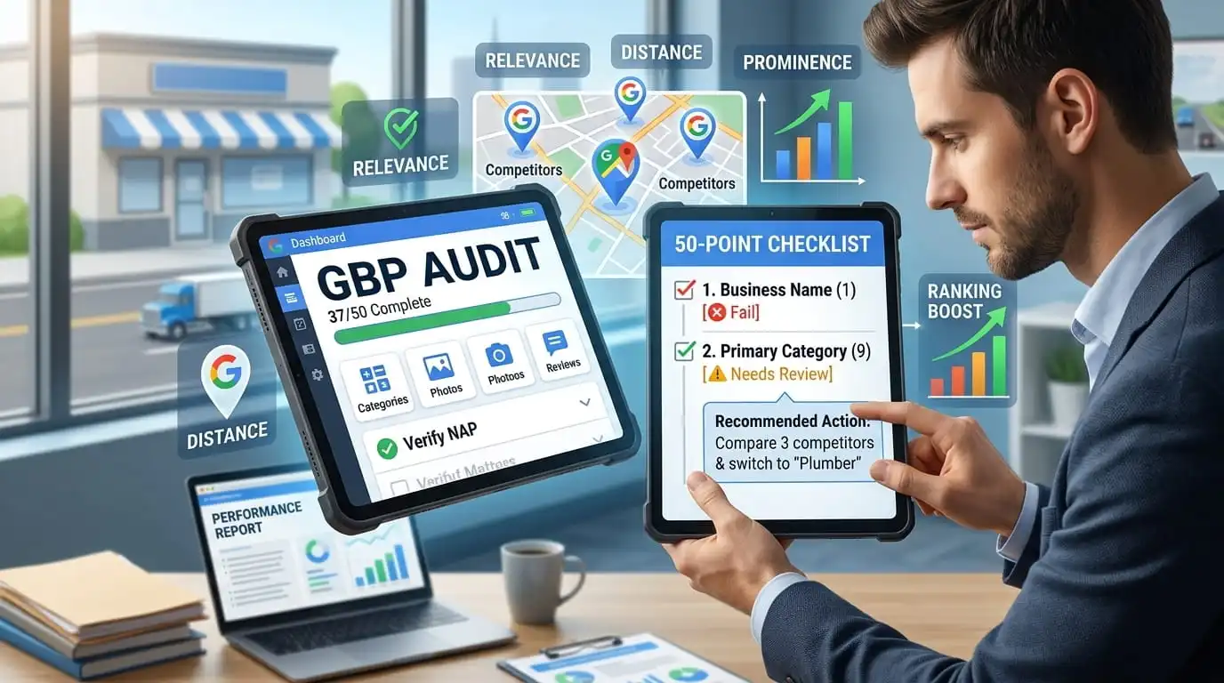 A detailed visual of a professional performing a Google Business Profile Audit, featuring tablets that show specific checklists, verification status, and analysis of Relevance, Distance, and Prominence. Includes a section with recommended actions for improved local business ranking boost.