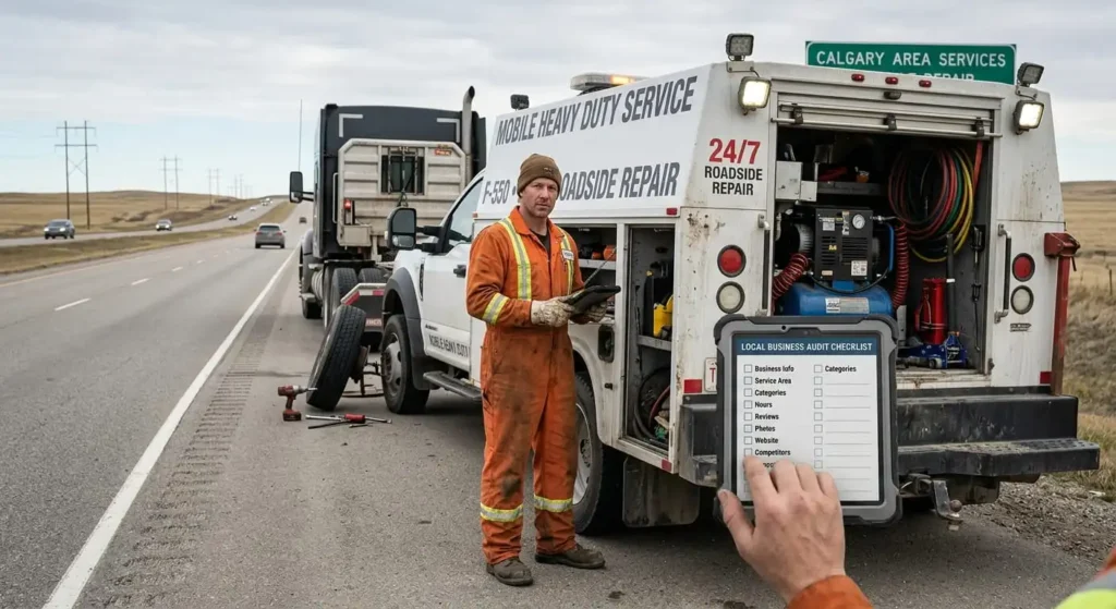 Field technician using a tablet checklist for a Google Business Profile audit next to a service truck.