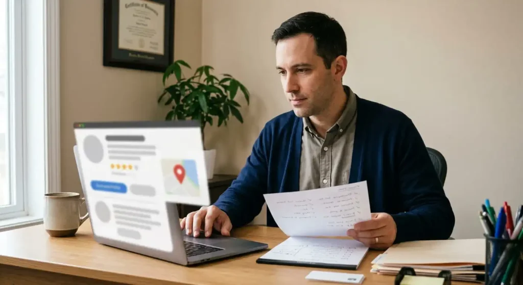 SEO professional at a desk cross-referencing paper audit notes with an active Google Business Profile on a laptop.