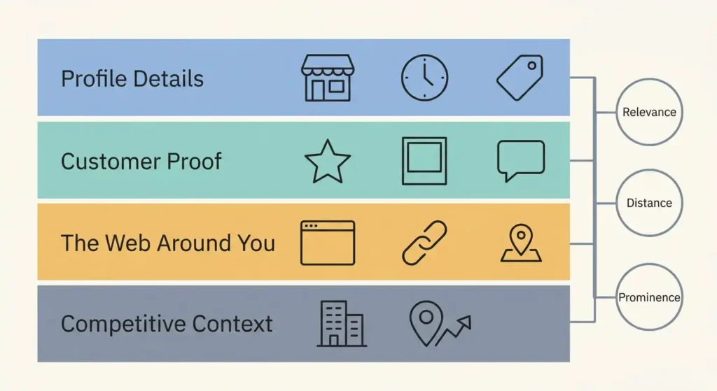 Diagram linking profile details, customer proof, web signals, and competitive context to Google's local ranking factors.