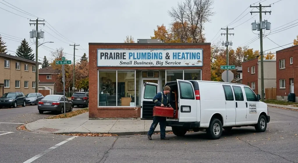 Prairie Plumbing & Heating storefront with service van representing a physical and SAB local SEO profile.