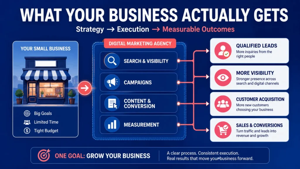 What Does a Digital Marketing Agency Do for Small Businesses? 2 Diagram showing what a small business actually gets from a digital marketing agency, including qualified leads, search visibility, customer acquisition, and conversions. What Does a Digital Marketing Agency Do for Small Businesses?