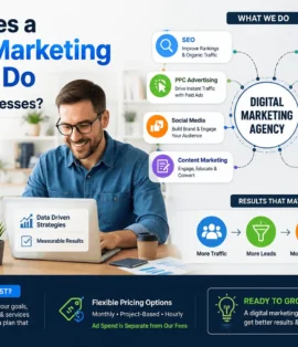 Complete overview chart detailing what services a digital marketing agency provides, including SEO, PPC, Local SEO, Social Media, Content Marketing, Email Marketing, and CRO.