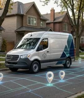 Canadian service area business van parked in a residential neighborhood overlaid with a Google Maps proximity pin network grid.