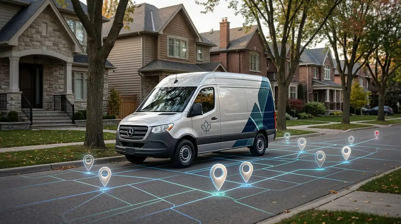 Canadian service area business van parked in a residential neighborhood overlaid with a Google Maps proximity pin network grid.