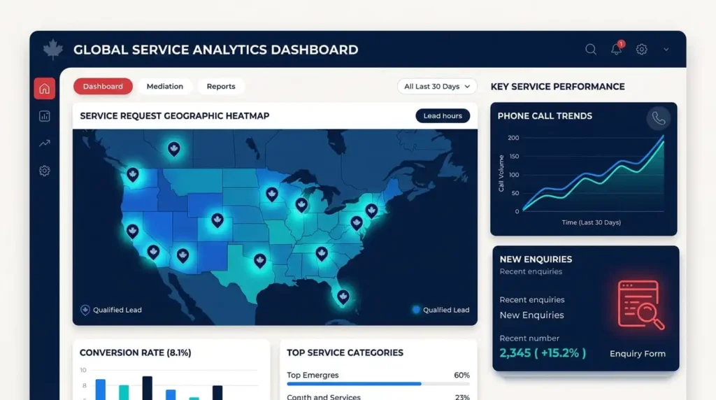 Service area business SEO performance dashboard showing phone call trends, Canadian geographic heatmap, and lead conversion rates.