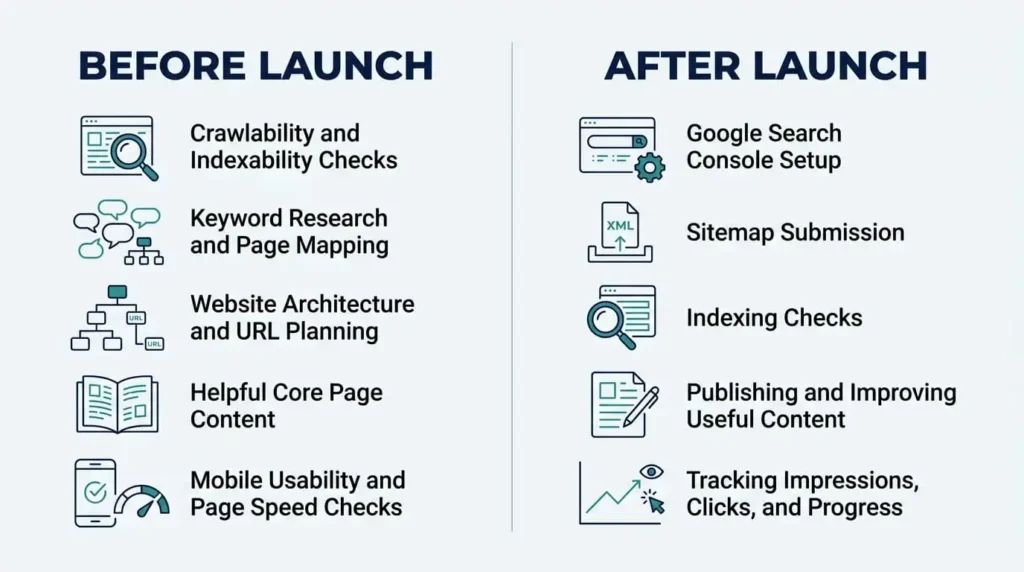 Infographic detailing the SEO checklist for a new website divided into before launch and after launch tasks.