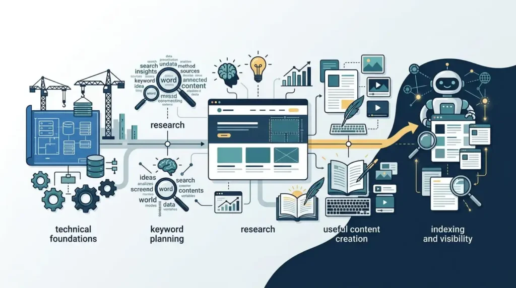 Illustration showing the 4-stage pipeline of new website SEO: technical foundations, keyword planning, research, content creation, and search indexing.