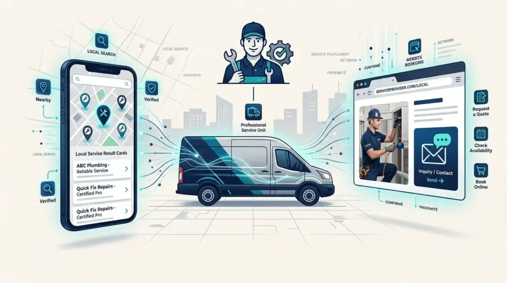 Infographic explaining service area business SEO connecting Google Maps local search listings, mobile dispatch fleets, and website quote forms. Local SEO for a service area business.